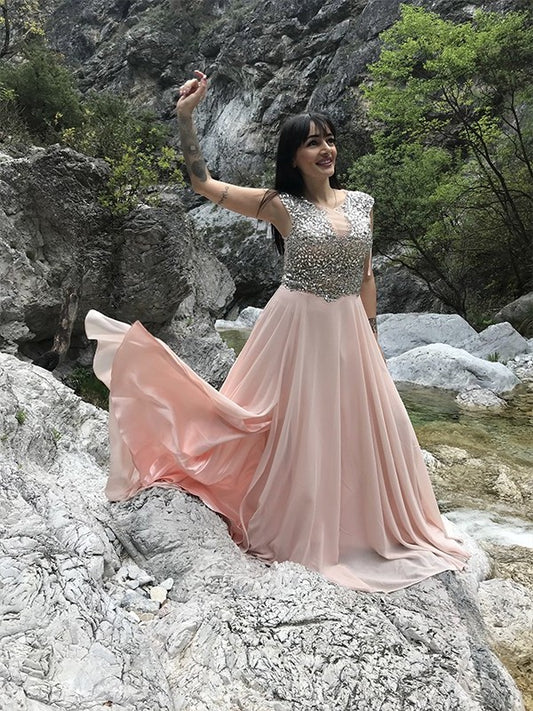 Bateau Sequin Chiffon A-Line/Princess Floor-Length Sleeveless Dresses