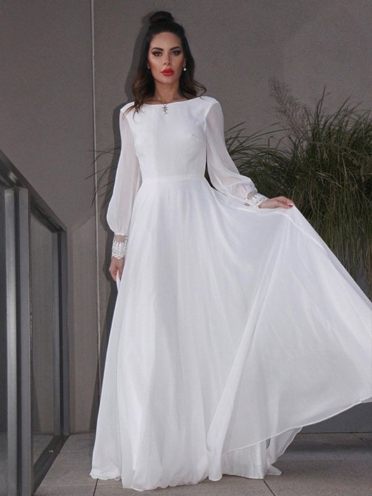 Sweep/Brush Scoop Ruffles Sleeves Chiffon Long A-Line/Princess Train Wedding Dresses