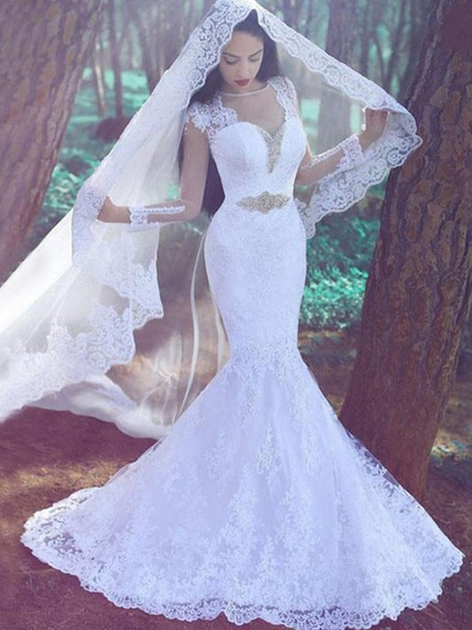 Lace Court Sleeves Sweetheart Trumpet/Mermaid Long Applique Train Wedding Dresses