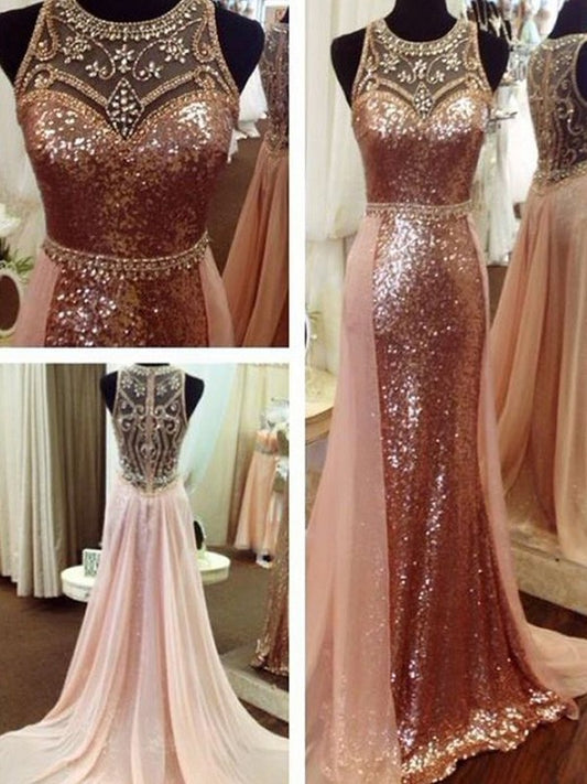 Sleeveless Sequins Scoop A-Line/Princess Beading Sweep/Brush Train Dresses