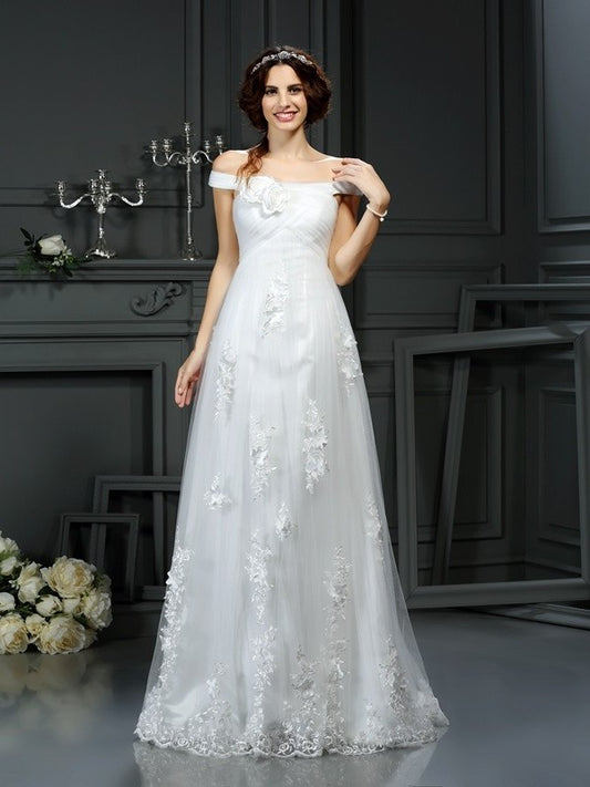 Off-the-Shoulder A-Line/Princess Sleeveless Long Applique Net Wedding Dresses