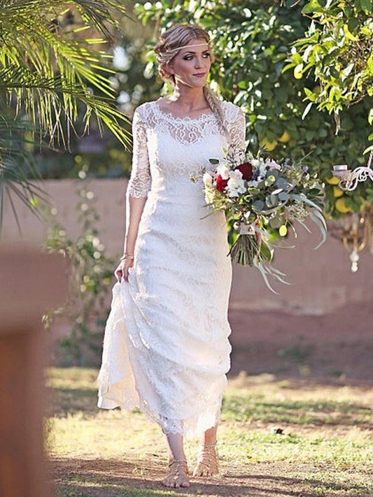 Sheath/Column Sleeves Sweep/Brush 1/2 Lace Bateau Train Wedding Dresses