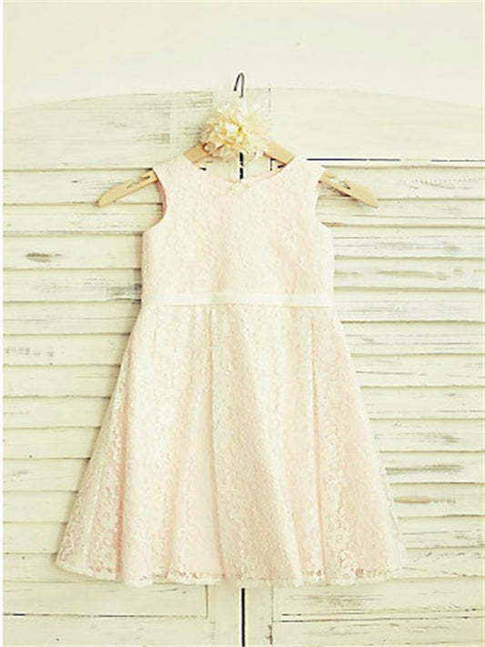 A-line/Princess Lace Tea-Length Jewel Sleeveless Flower Girl Dresses