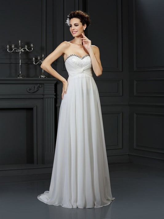 Sweetheart Sleeveless A-Line/Princess Ruffles Long Chiffon Wedding Dresses