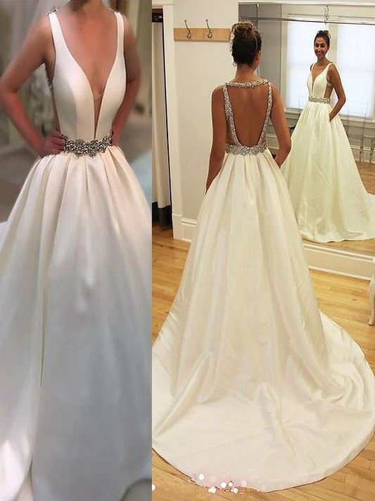 Satin V-neck A-Line/Princess Court Train Sleeveless Wedding Dresses