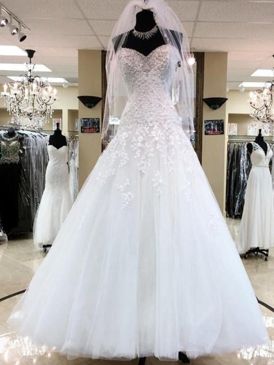 Tulle Ball Sweetheart Applique Gown Sleeveless Floor-Length Wedding Dresses