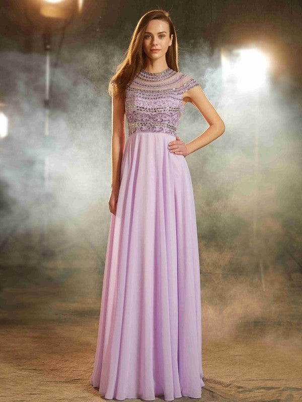 Short Floor-Length Scoop A-Line/Princess Sleeves Beading Chiffon Dresses