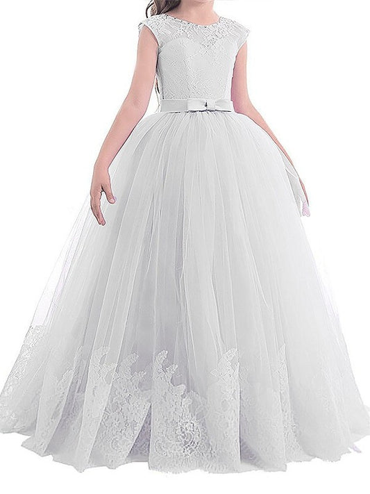 Tulle Jewel Ball Gown Floor-Length Sleeveless Bowknot Flower Girl Dresses