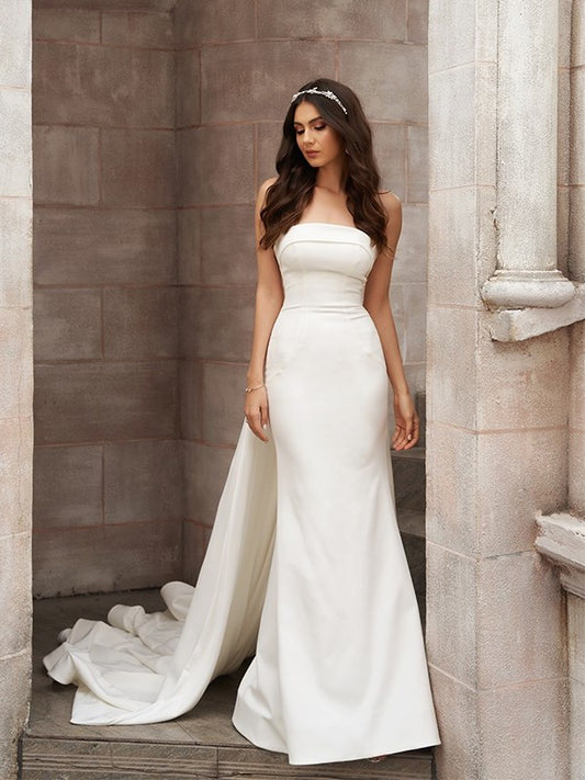 Court Strapless Sheath/Column Ruched Satin Sleeveless Train Wedding Dresses