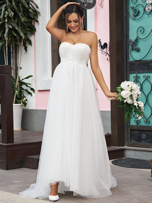 Sweep/Brush Sweetheart A-Line/Princess Sleeveless Ruffles Tulle Train Wedding Dresses