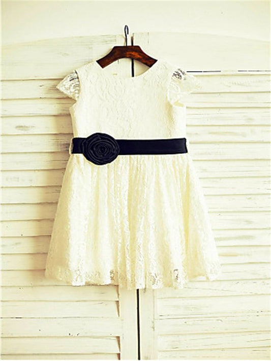 Hand-made Sleeves Lace Tea-Length A-line/Princess Short Scoop Flower Flower Girl Dresses