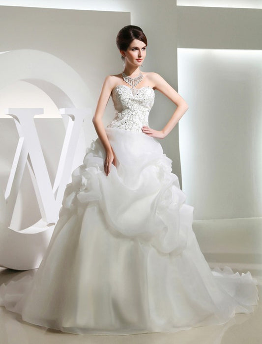 Beading Long Ball Hand-made Gown Sleeveless Flower Organza Wedding Dresses