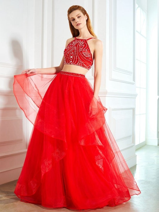 Floor-Length Beading Tulle A-Line/Princess Straps Sleeveless Spaghetti Two Piece Dresses