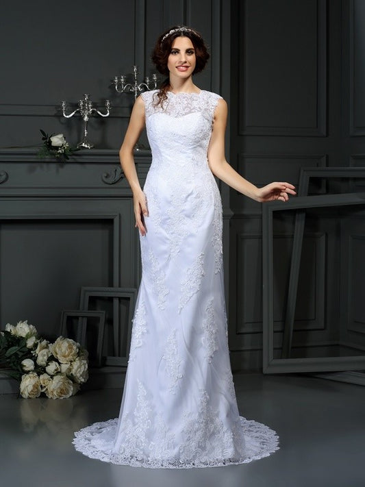 High Sleeveless Sheath/Column Long Neck Lace Lace Wedding Dresses