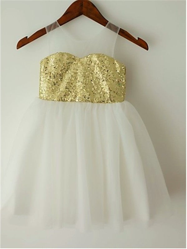 A-line/Princess Tea-Length Scoop Tulle Sleeveless Sequin Flower Girl Dresses