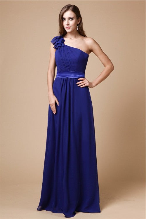 One-Shoulder Sleeveless A-Line/Princess Ruffles Long Chiffon Dresses