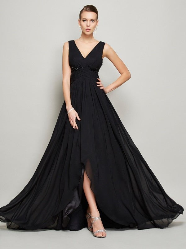 Beading A-Line/Princess Sleeveless V-neck Long Chiffon Dresses