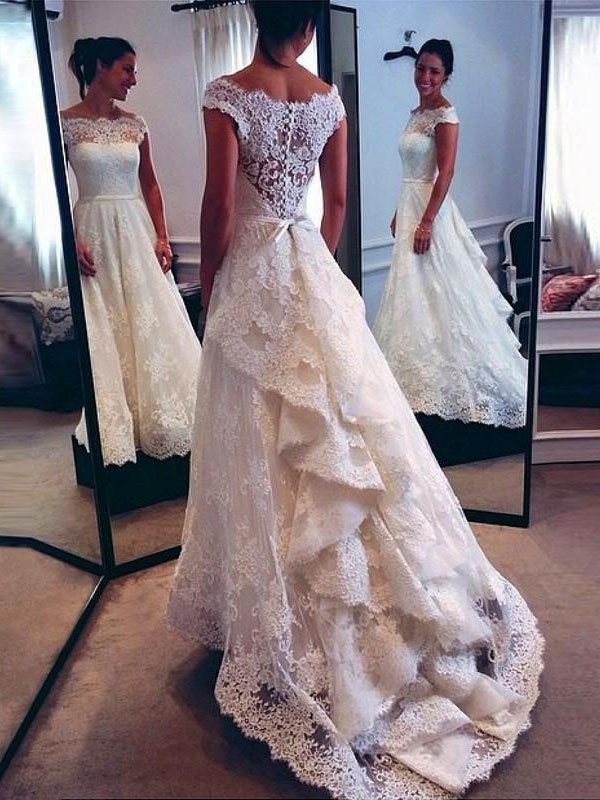 Train Lace Scoop A-Line/Princess Sweep/Brush Sleeveless Wedding Dresses