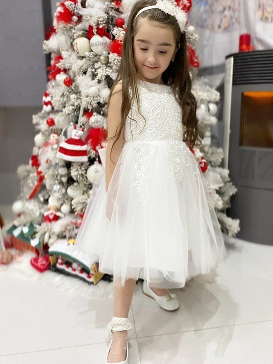 Sleeveless Scoop Knee-Length Lace Tulle A-Line/Princess Flower Girl Dresses