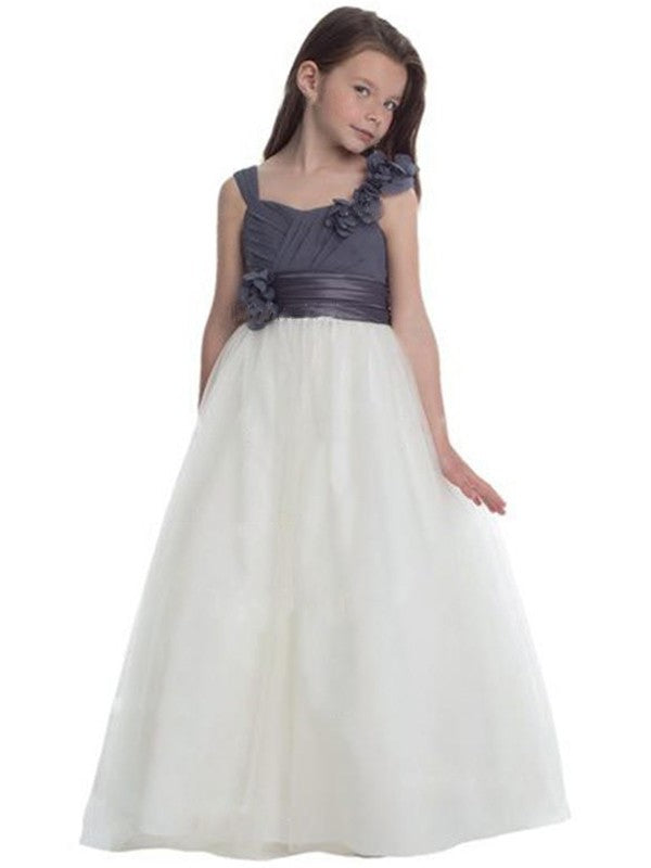 Floor-Length A-Line/Princess Sleeveless Straps Hand-Made Flower Tulle Flower Girl Dresses