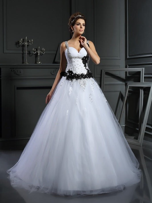 Long Straps Ball Gown Beading Sleeveless Tulle Wedding Dresses