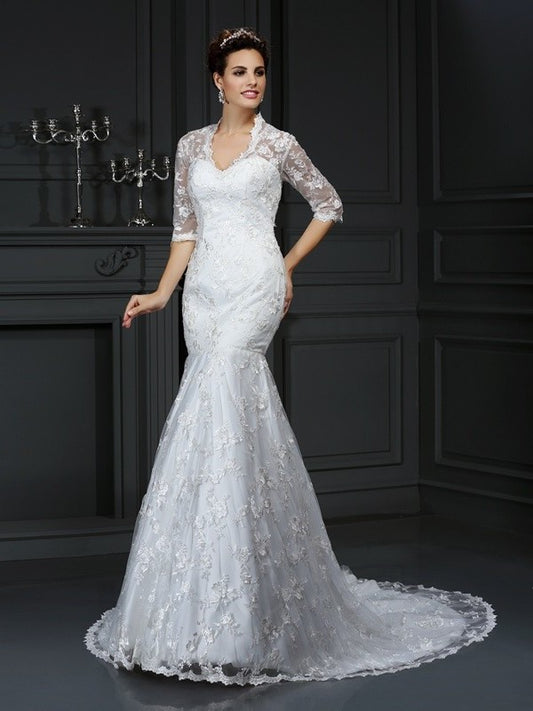 V-neck Sleeves 1/2 Trumpet/Mermaid Lace Long Lace Wedding Dresses