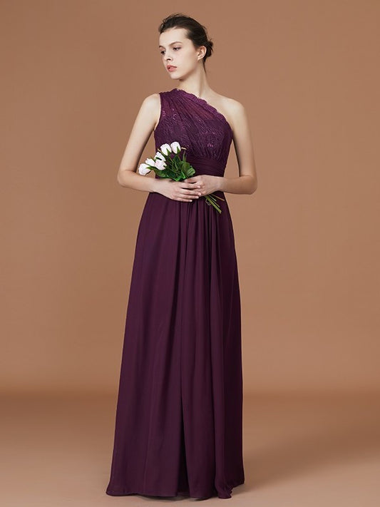 A-line/Princess Lace Chiffon One-Shoulder Sleeveless Floor-Length Bridesmaid Dresses