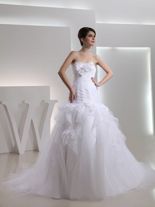 Flower Hand-made Trumpet/Mermaid Sleeveless Sweetheart Organza Wedding Dresses