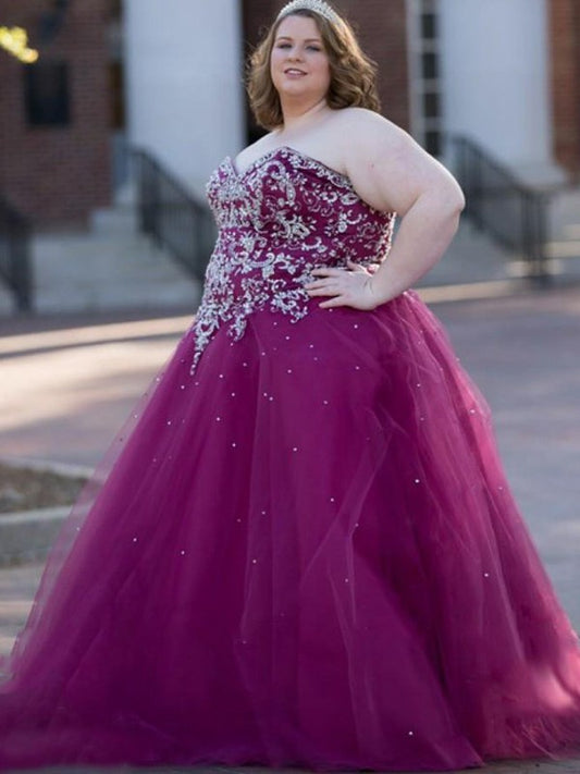 Ball Sweetheart Gown Tulle Floor-Length Sleeveless Beading Plus Size Dresses