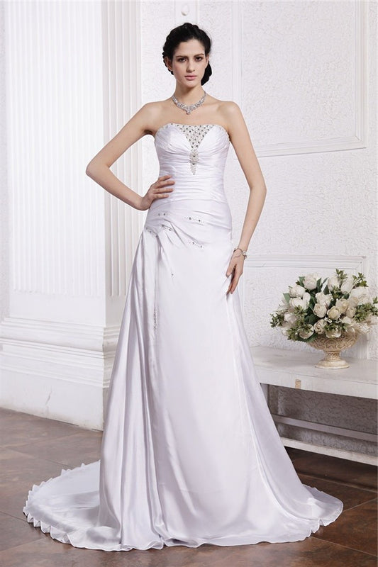 Strapless Silk like A-Line/Princess Ruffles Long Beading Sleeveless Satin Wedding Dresses