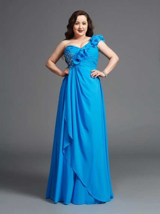 Sleeveless Chiffon Long Rhinestone A-Line/Princess One-Shoulder Plus Size Dresses