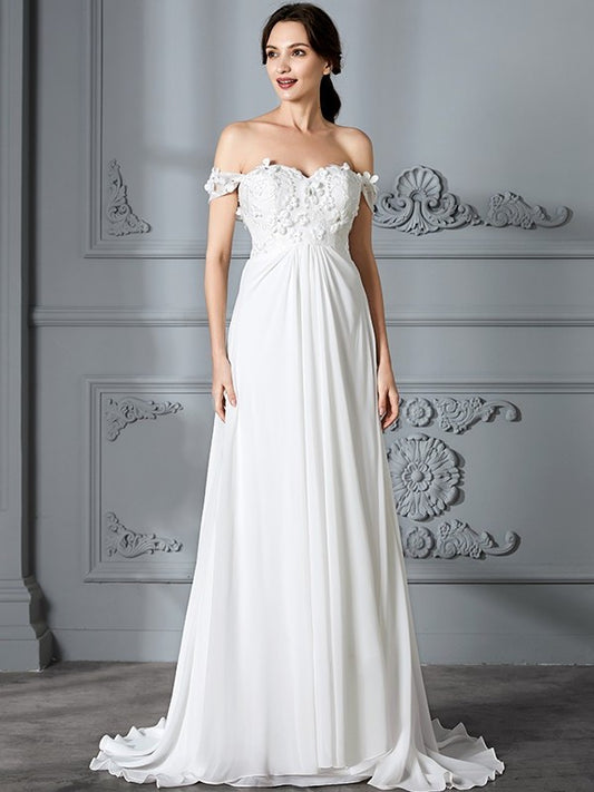 A-Line/Princess Sleeveless Chiffon Off-the-Shoulder Sweep/Brush Train Wedding Dresses