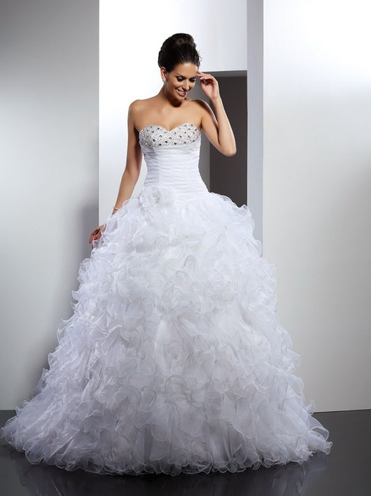 Long Ball Gown Beading Sleeveless Sweetheart Organza Wedding Dresses