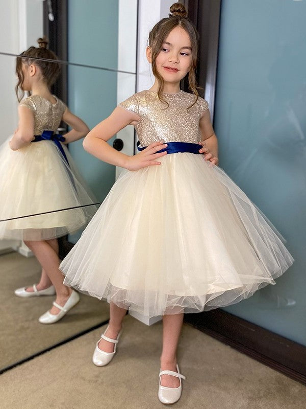 Tulle Short Sash/Ribbon/Belt Sleeves A-Line/Princess Scoop Knee-Length Flower Girl Dresses