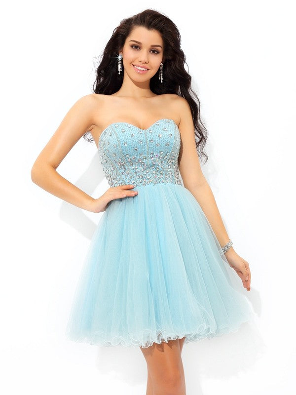 A-Line/Princess Sweetheart Beading Short Homecoming Dresses Sleeveless Satin Ada Cocktail Dresses