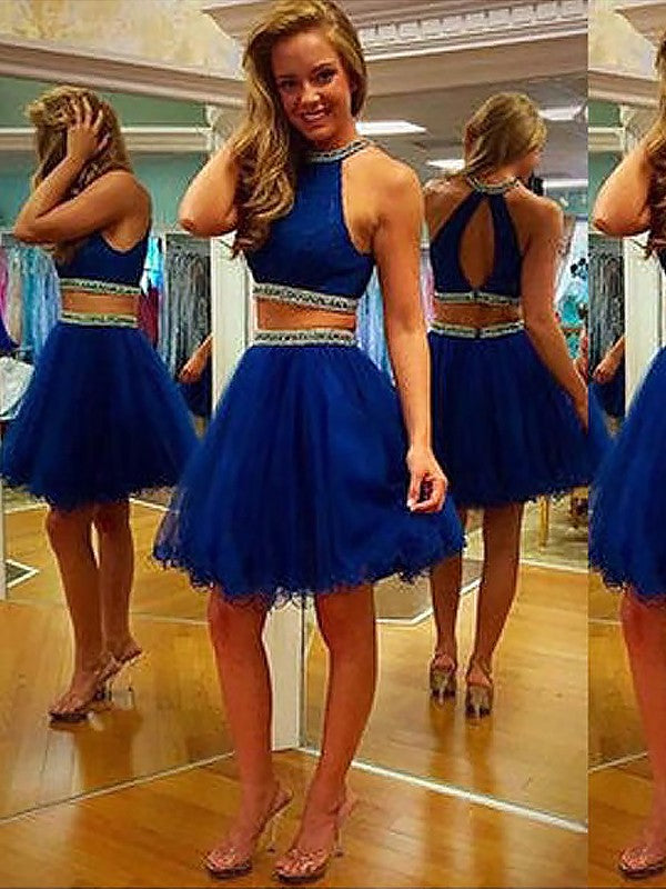 A-Line/Princess Homecoming Dresses Sleeveless Halter Beading Tulle Mina Short/Mini Two Piece Dresses