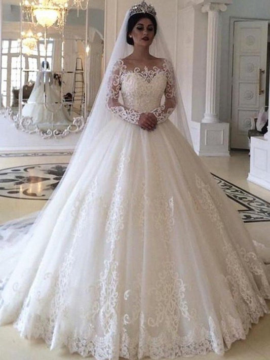 Sweep/Brush Ball Sleeves Off-the-Shoulder Applique Gown Tulle Long Train Wedding Dresses