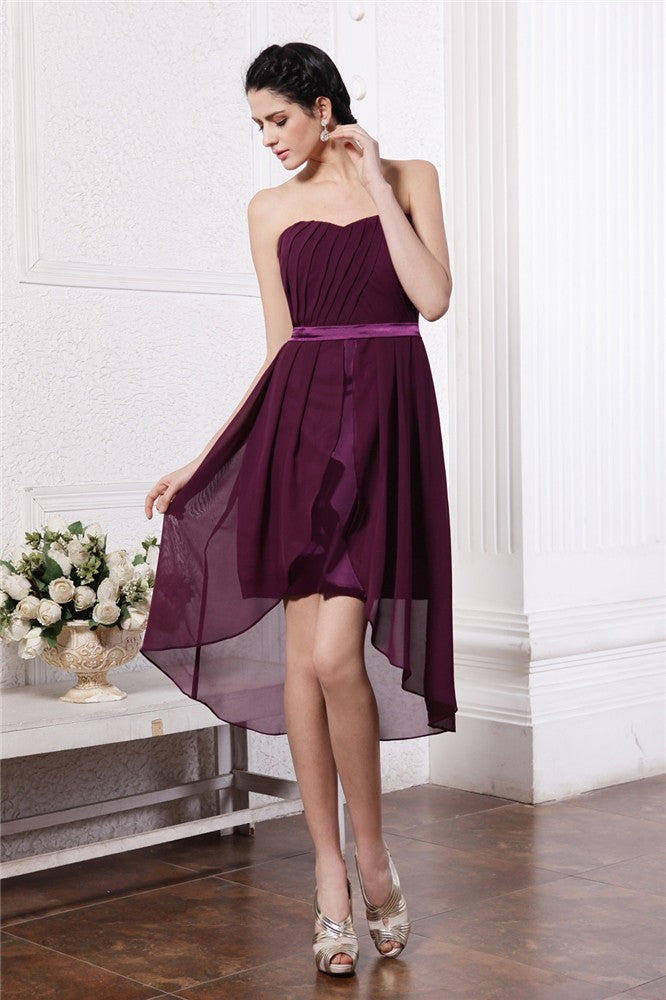 Homecoming Dresses Sheath/Column Strapless Sleeveless Sash Pleats High Low Chelsea Chiffon Cocktail Dresses