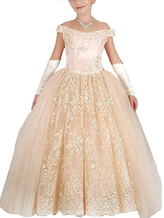 Sleeveless Applique Gown Tulle Ball Floor-Length Off-the-Shoulder Flower Girl Dresses