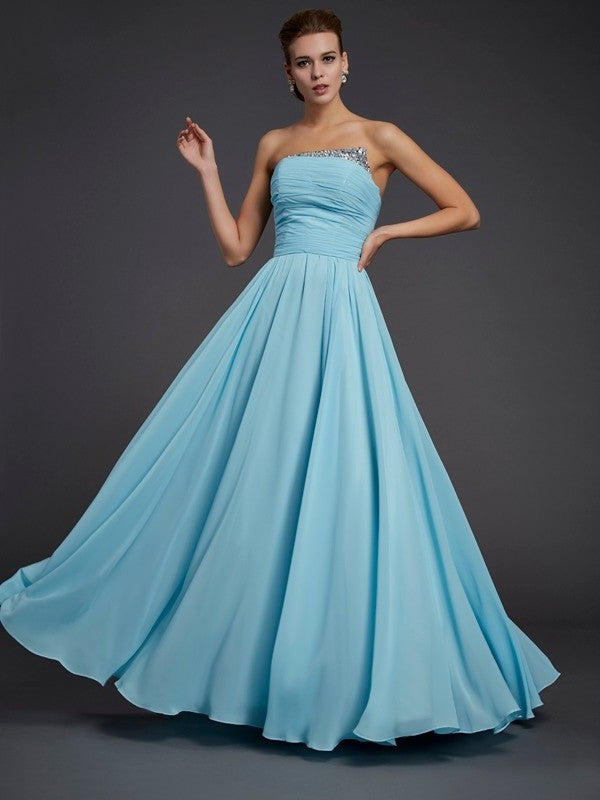 Sleeveless Strapless Sheath/Column Beading Long Chiffon Dresses