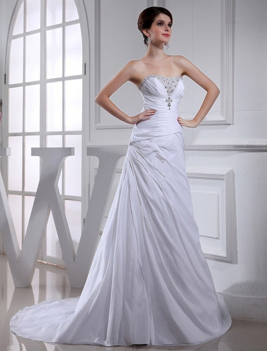 A-Line/Princess Long Sleeveless Beading Taffeta Wedding Dresses