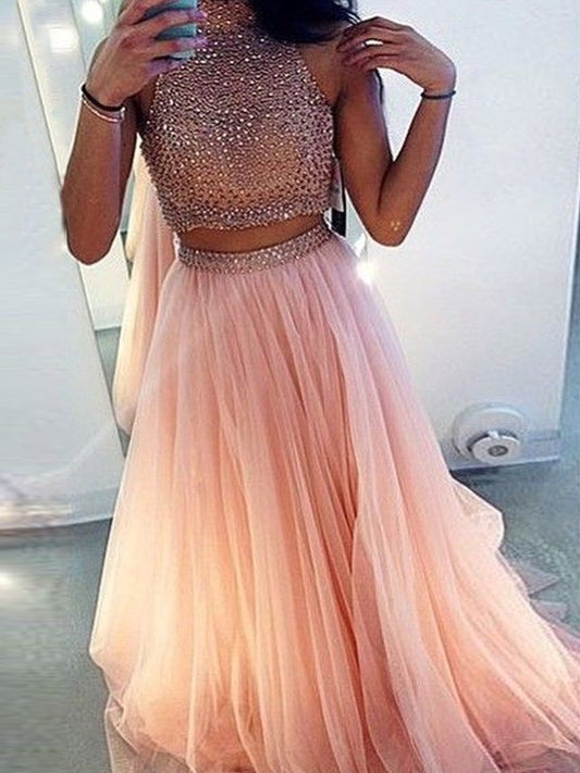 Train A-Line/Princess Sweep/Brush High Beading Neck Tulle Sleeveless Two Piece Dresses