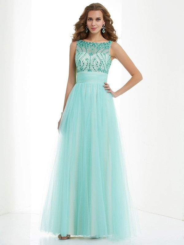 A-Line/Princess Bateau Beading Sleeveless Long Elastic Woven Satin Dresses