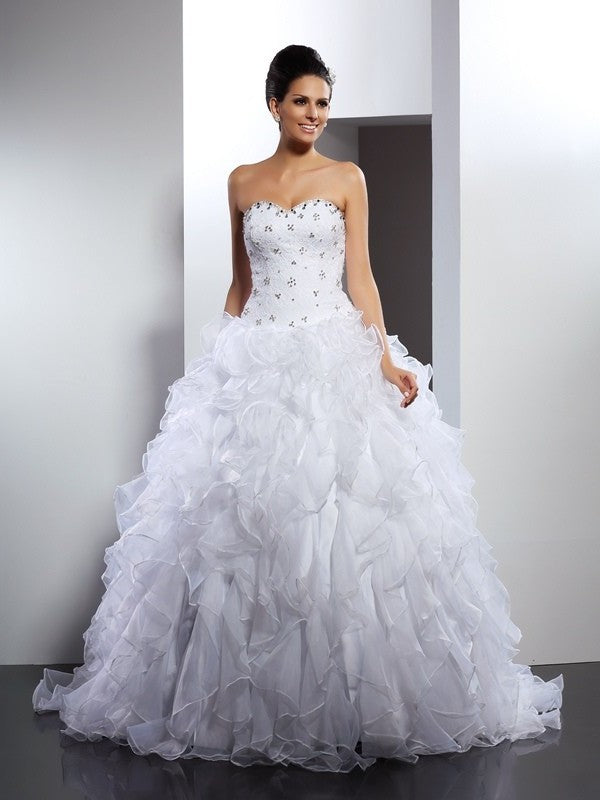 Sleeveless Gown Ball Sweetheart Ruffles Long Satin Wedding Dresses