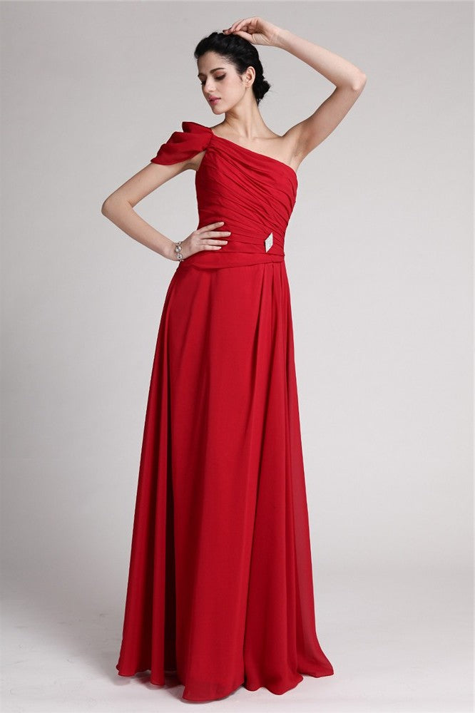 One-Shoulder Sheath/Column Pleats Sleeveless Long Chiffon Dresses