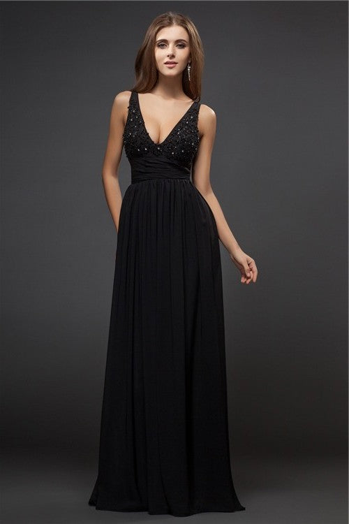 V-neck Lace Sleeveless Beading Sheath/Column Long Chiffon Dresses