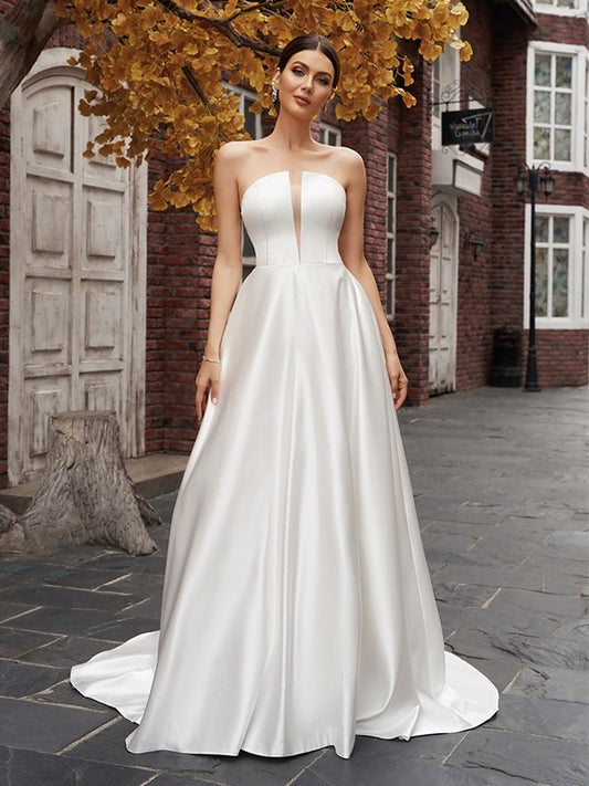 Sweep/Brush Ruffles Strapless A-Line/Princess Sleeveless Satin Train Wedding Dresses