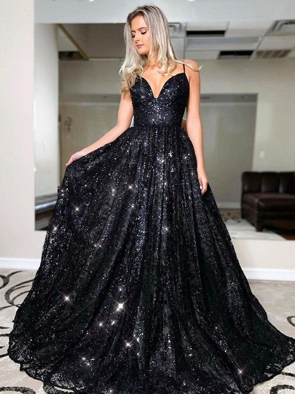 Train Sweep/Brush A-Line/Princess Sequin V-neck Sleeveless Sequins Dresses