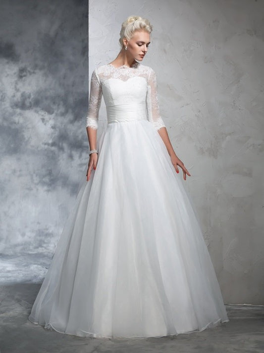 Gown Sleeves Jewel Long Ball 3/4 Applique Organza Wedding Dresses