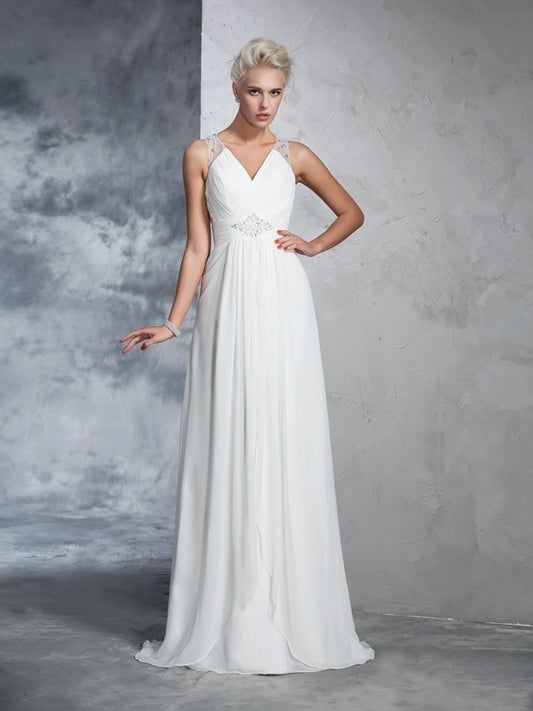 Sleeveless Ruched Long V-neck A-Line/Princess Chiffon Wedding Dresses